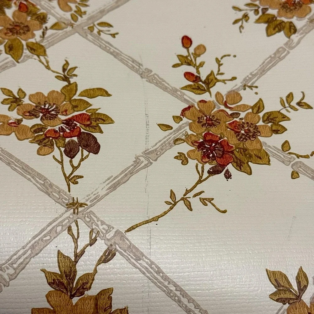 Vintage Floral Lattice Wallpaper Roll Cream Brown Cottagecore 1970s Decor